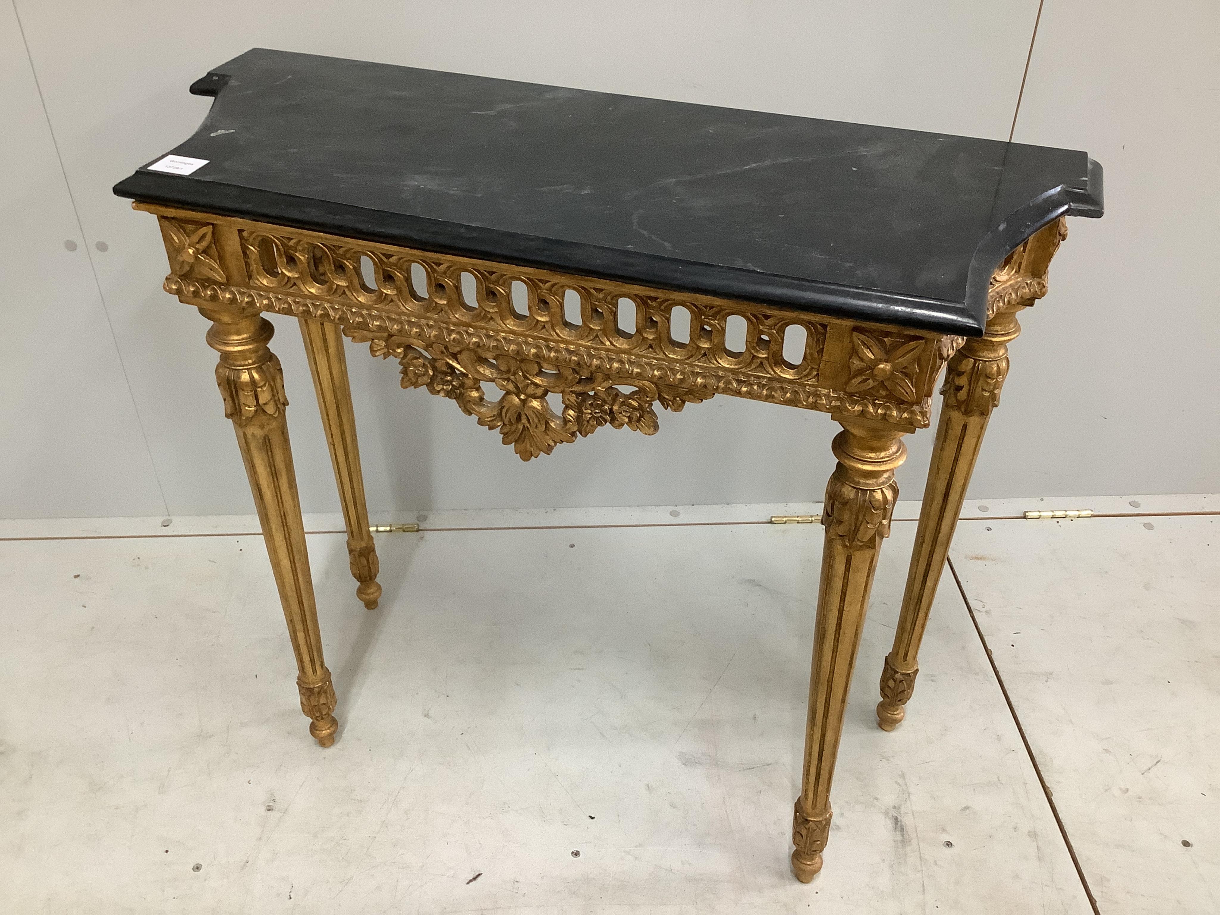 An 18th century style giltwood marble top console table, width 88cm, depth 33cm, height 78cm